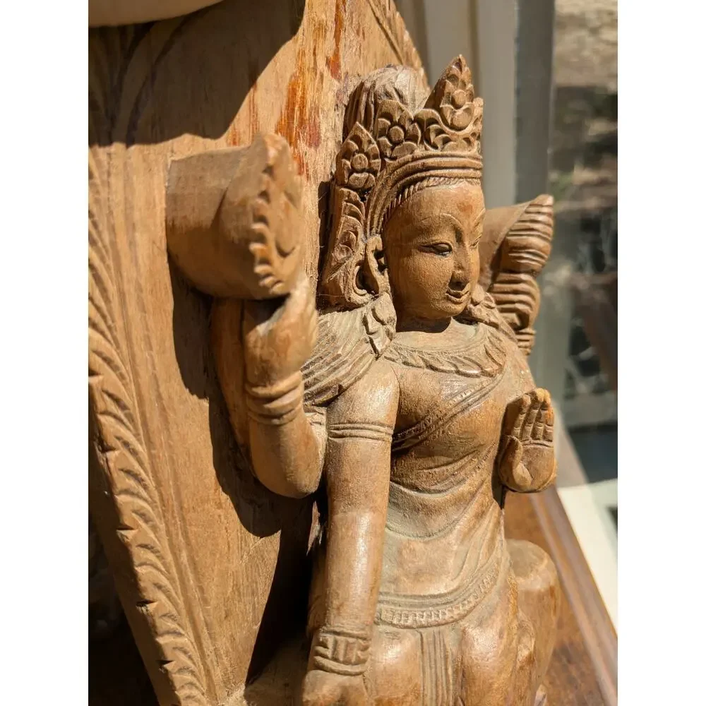 Pair Vintage Hand-Carved Wood Indian Goddess - Saraswati & Gayatri - 12